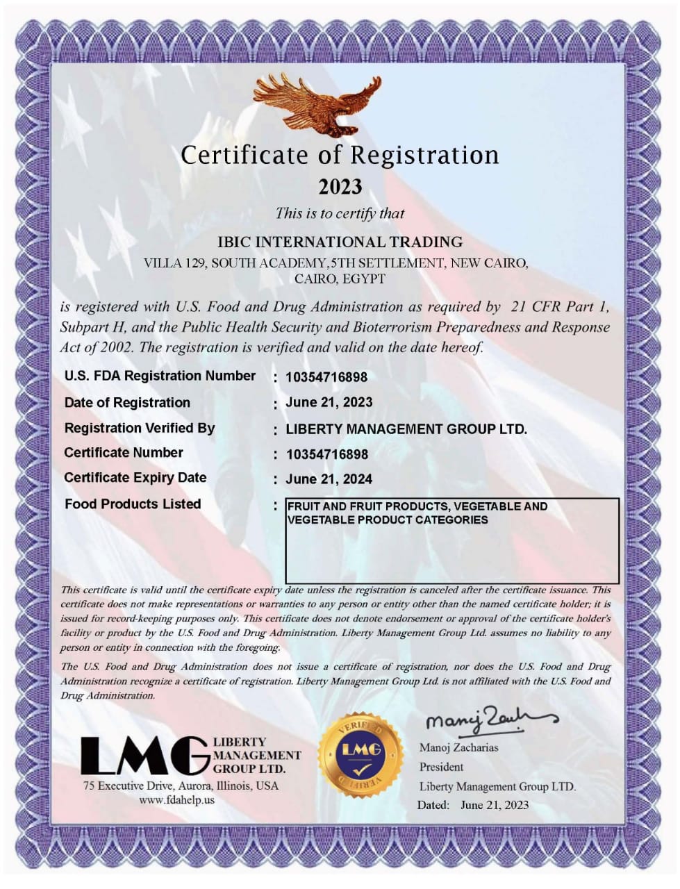 USA FDA Certificate